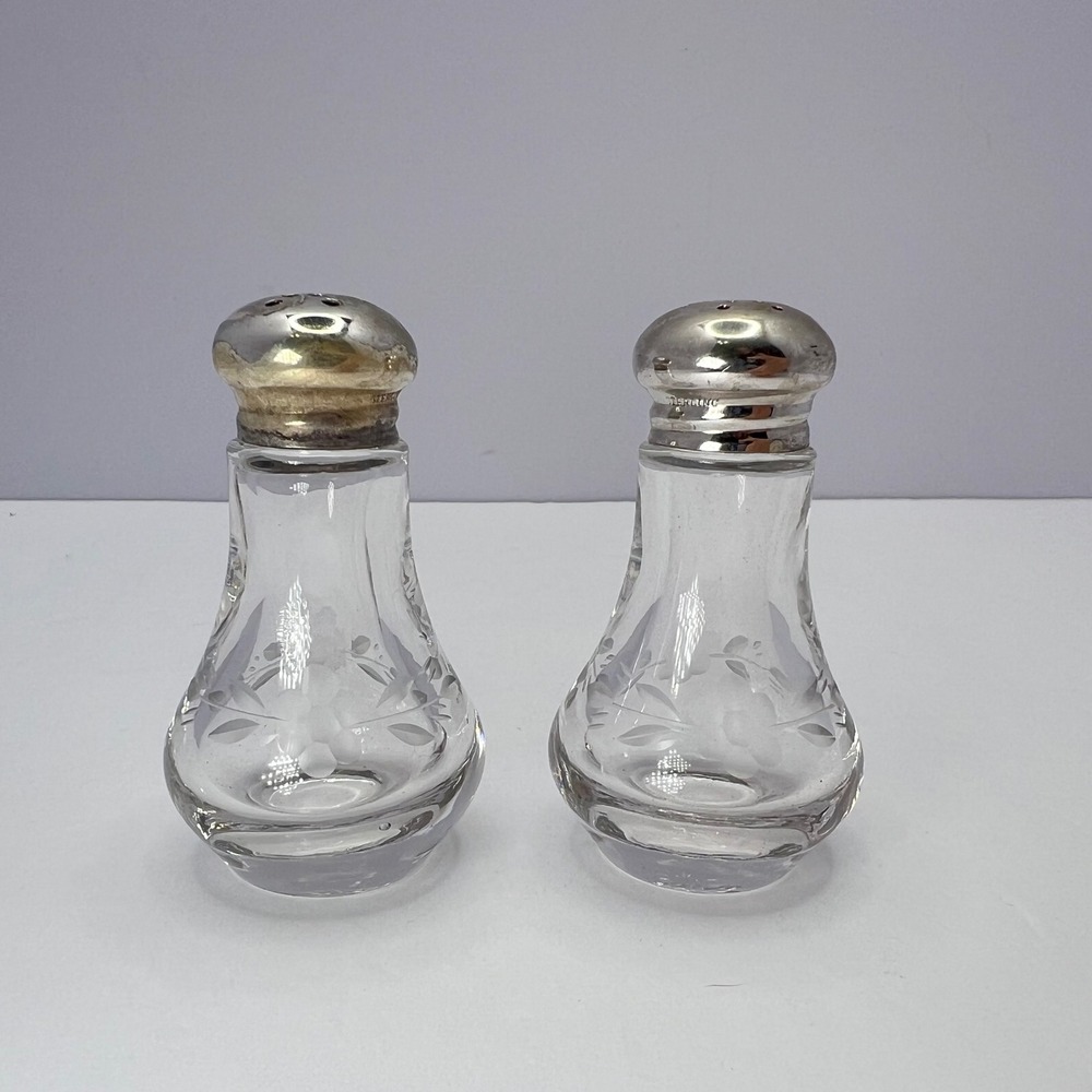 Sterling Silver Etched Glass Shakers Set 3" Salt Pepper Floral Vintage Cottage